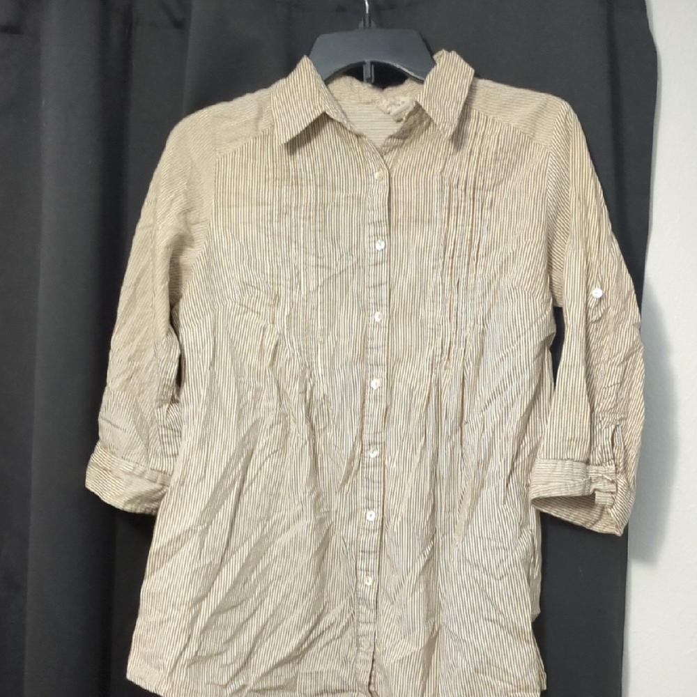 Fun & Flirt Beige Striped Button Down Shirt